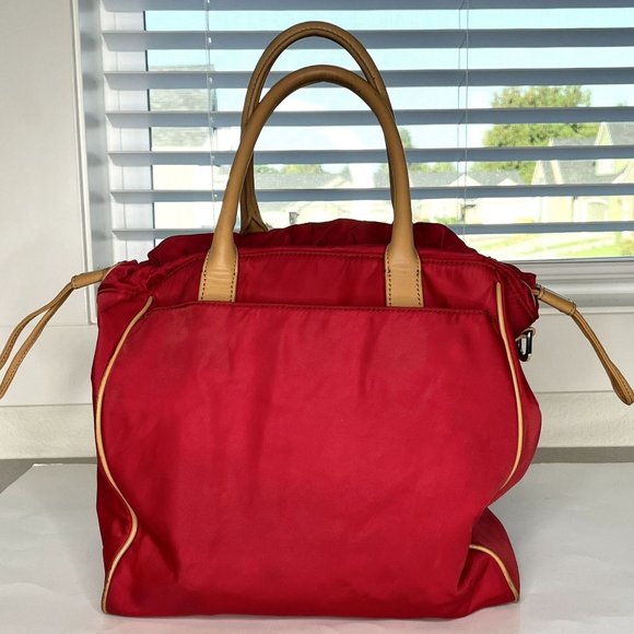 SOLD Tory Burch Red Nylon & Leather Perforated Logo Drawstring Hand Bag Tote - Picture 5 of 12
